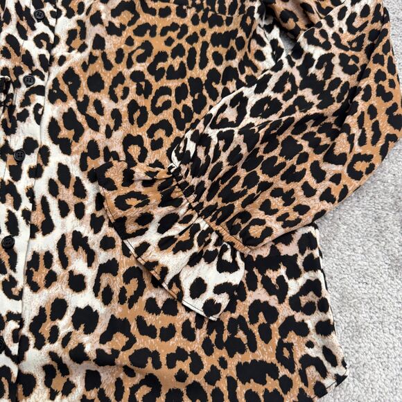 Tahari Leopard Button Down Blouse Women Medium Brown Collarless Long Sleeve NWOT - Picture 4 of 13